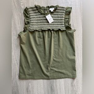 Womens NWT J.Crew Factory Olive Green Ruffle Sleeved Smocked Top (XS)